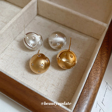 Brushed Round Stud Earrings with Tiny Crystal Star Accents