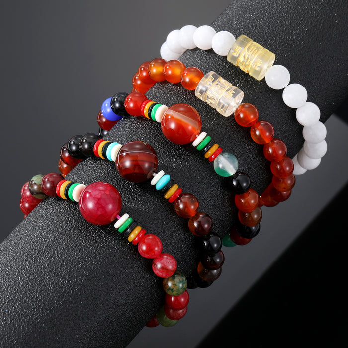 Multicolor Bead Stretch Bracelets with Carved Barrel Center Beads