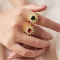 Gold Sunflower Open Rings Red Or Green Center Zircon view 4