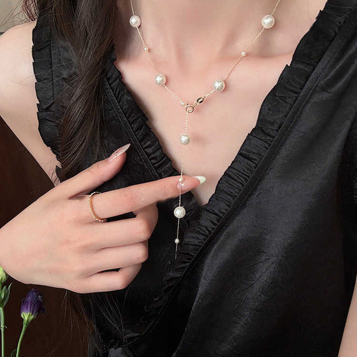 Gold Tone Spaced Pearl Y Lariat Necklace Drop Station Pearls