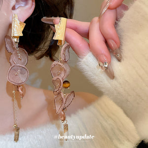 Brown Chiffon Flower Tassel Earrings Fashion Jewelry