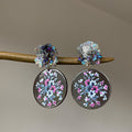 Floral Print Round Disc Earrings with Iridescent Flower Studs view 1