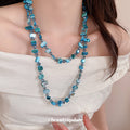 Long Blue Irregular Bead Necklace for Single or Layered Wear view 3