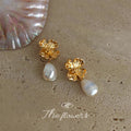 Gold Tone Flower Stud Earrings Baroque Pearl Drops view 3
