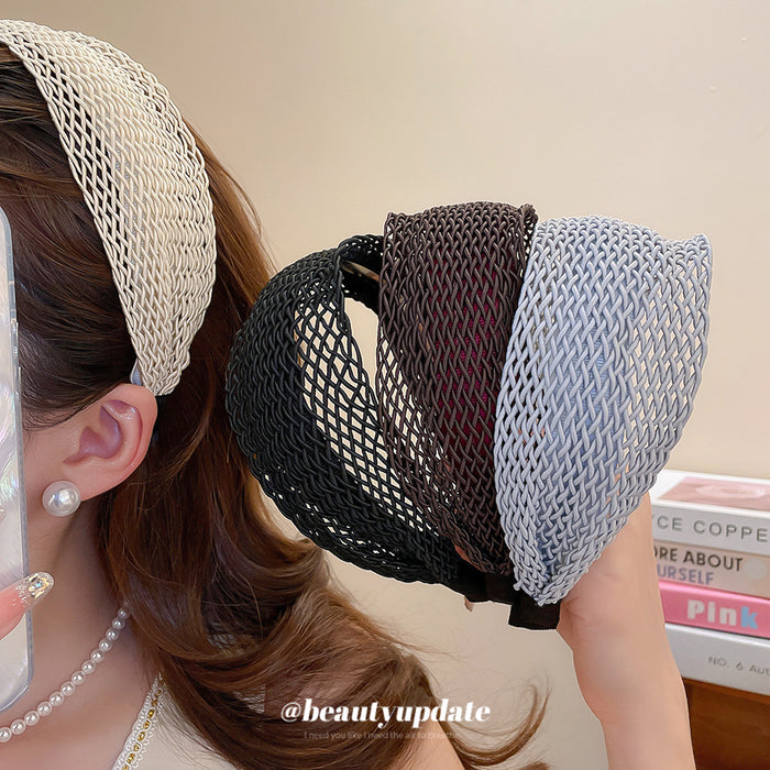Wide Lattice Woven Mesh Headbands Coffee Light Blue