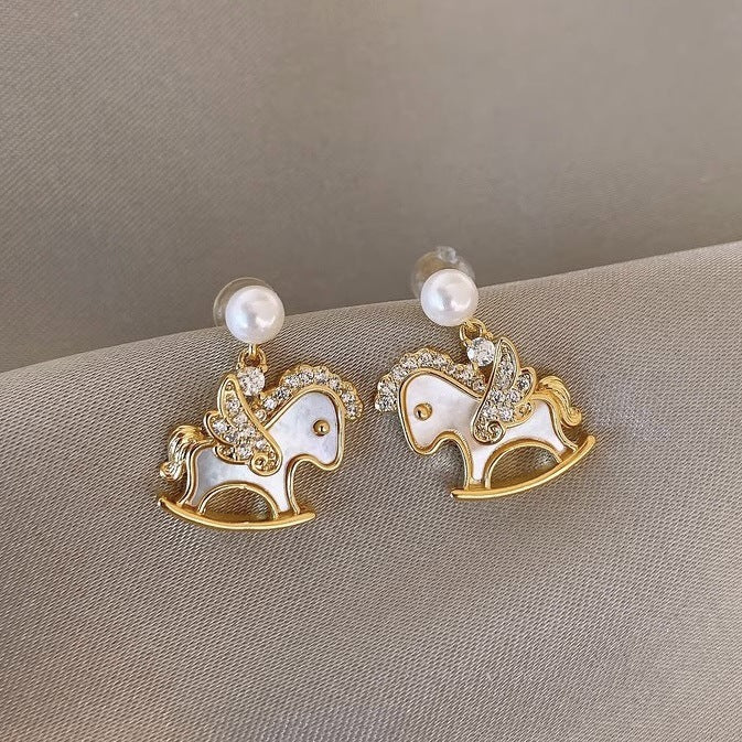 Gold Tone Pearl And Horse Stud Earrings Fashion Earrings