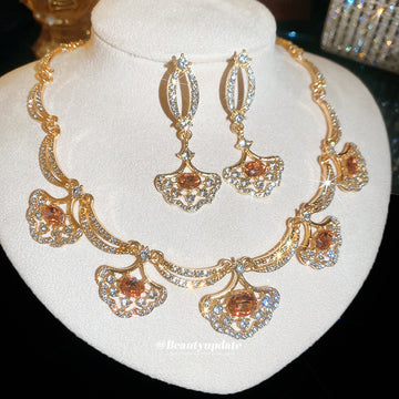 Gold Fan Pendant Necklace Drop Earrings Champagne Crystals