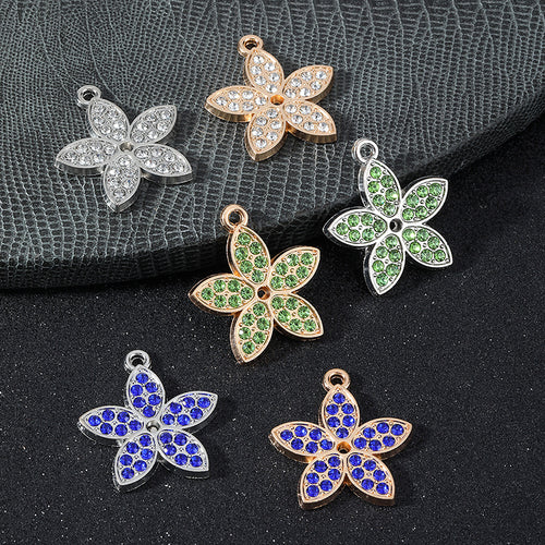 Six pave rhinestone flower charms in silver clear, gold clear, silver green, gold green, silver blue and gold blue