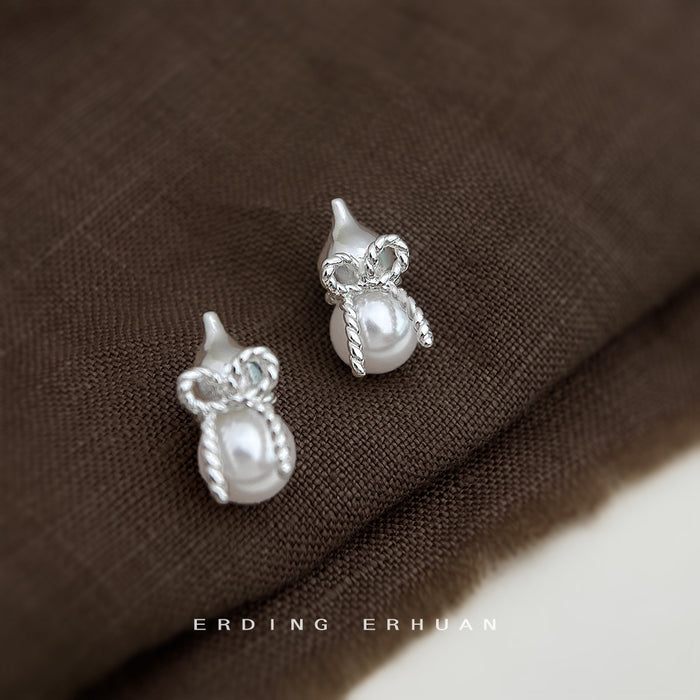 Silver Pearl Gourd Twist Rope Bow Clip And Stud Earrings
