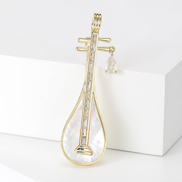 Pearlescent Chinese Lute Brooch Pin with Crystal Accents