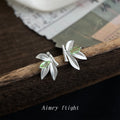 Silver Bamboo Leaf Stud Earrings Light Green Marquise Stone view 6