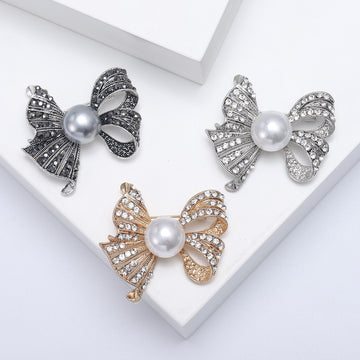 Pearl and Crystal Ribbon Bow Brooch in Three Metal Tones