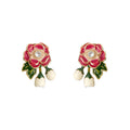 Pink Enamel Flower Stud Earrings Crystal Bud Leaf Drop view 5