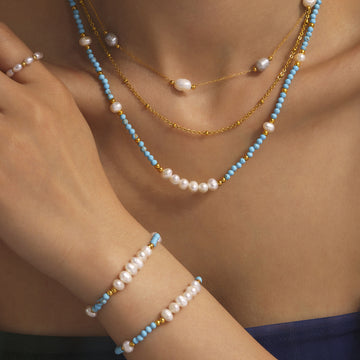 Turquoise Freshwater Pearl Bead Necklace Bracelet Gold Tone