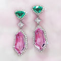Silver Tone Pink Green Long Drop Earrings Halo Stations view 5