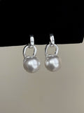 Large White Faux Pearl Drop Clip On Silver Tone Hoop Earrings view 6