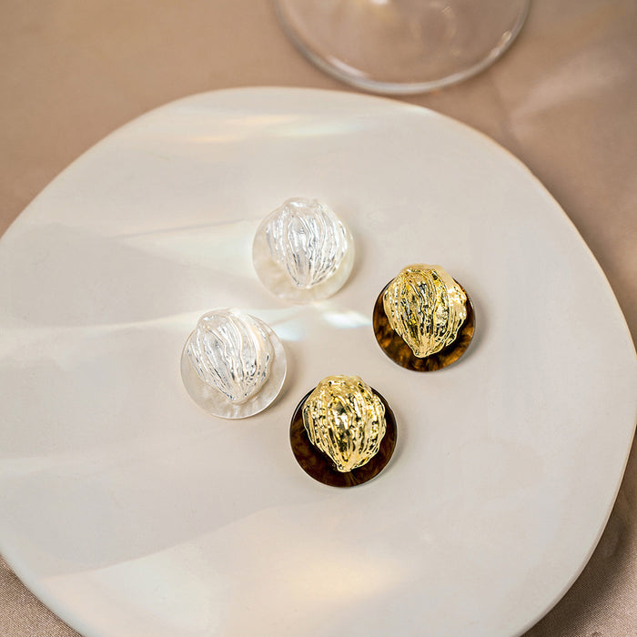 White Clear Round Gold Fleck Textured Stud Earrings