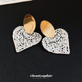Gold And Silver Tone Filigree Heart Drop Earrings With Polished Metal Details view 2