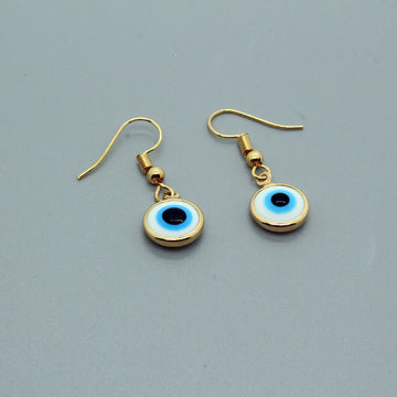 Gold Tone White and Blue Evil Eye Drop Earrings with Hooks