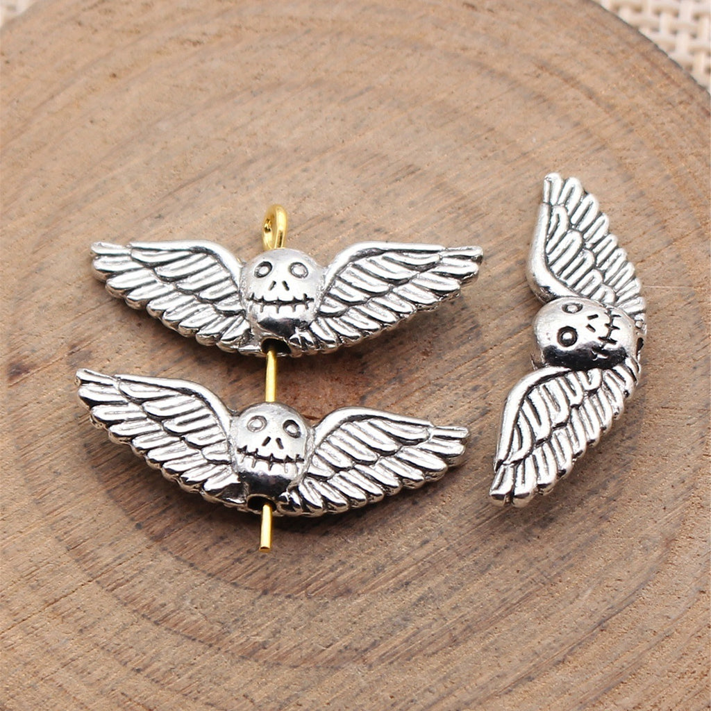 25x8.2mm 1.6g Antique Silver Zinc Alloy Skull Wing Loose Metal Double Sided Beads for Bracelet Necklace DIY Jewelry