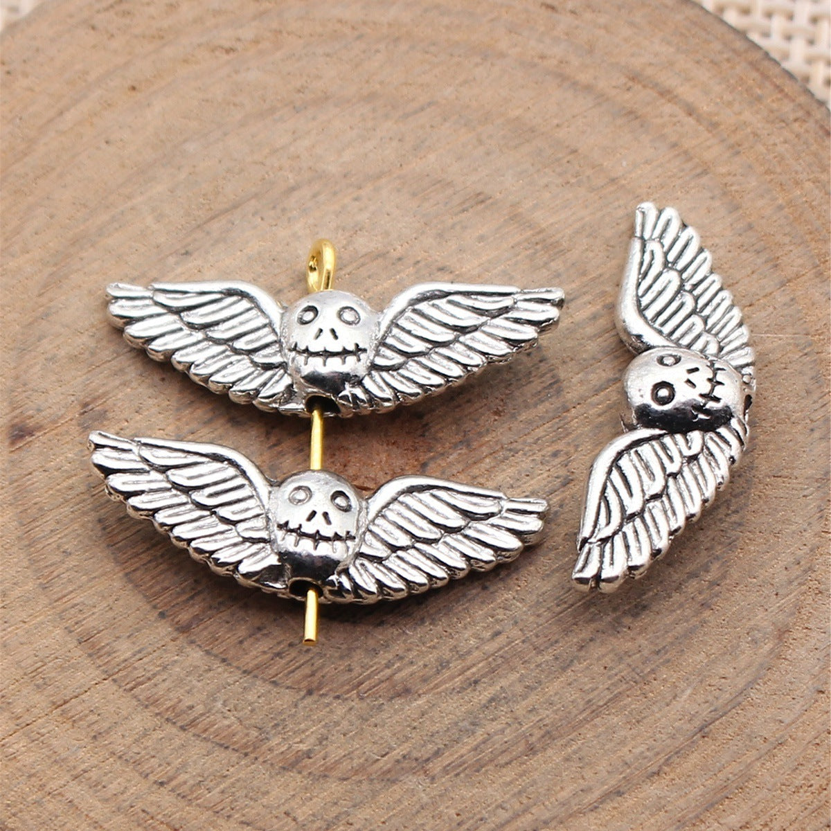 25x8.2mm 1.6g Antique Silver Zinc Alloy Skull Wing Loose Metal Double Sided Beads for Bracelet Necklace DIY Jewelry