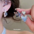 Silver Heart And Star Drop Stud Earrings With Blue Crystals view 2