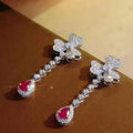 Silver Tone Floral Red Teardrop Crystal Earrings view 2