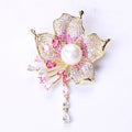Flower Tassel Brooch in Metal with Layered Crystal Petals, Round Center, and Dangling Drop view 7
