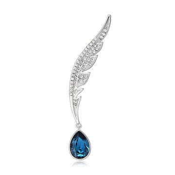 Silver Tone Crystal Wing Brooch With Blue Teardrop Drop