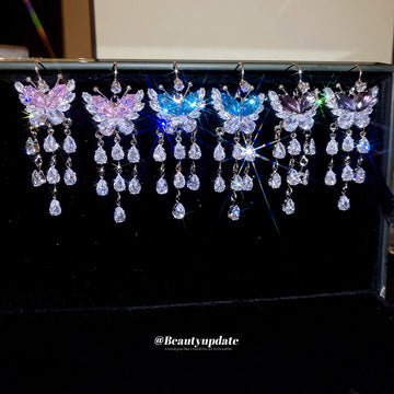 Butterfly Crystal Waterfall Hook Earrings Three Colors