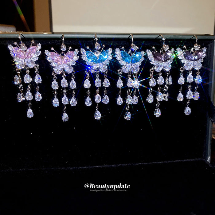 Butterfly Crystal Waterfall Hook Earrings Three Colors