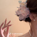 Pink Purple Sheer Flower Hair Clip With Pearl Sprigs And Butterfly Tassel view 2