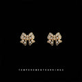 Gold Openwork Bow Pearl Clear Crystal Stud Earrings view 3