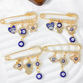 Rhinestone Safety Pin Brooch with Evil Eye Charm Cluster view 1