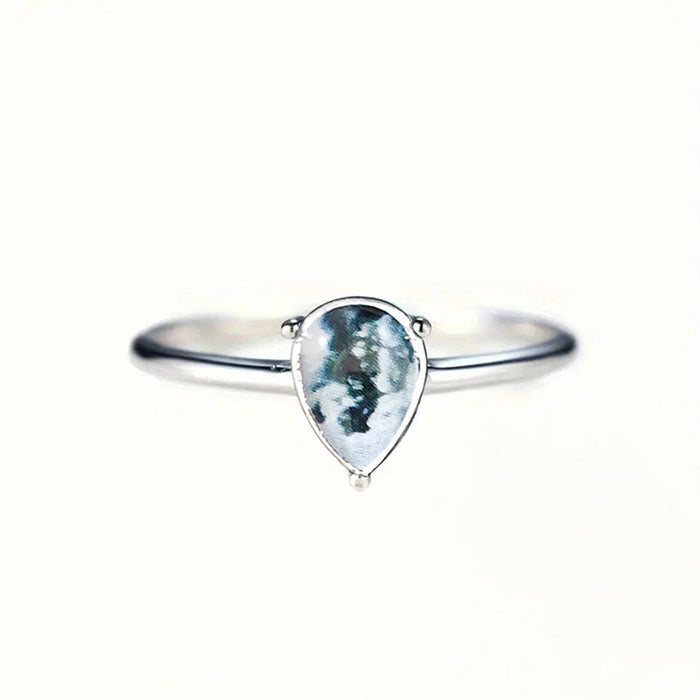 Silver Tone Pear Cabochon Mottled Stone Thin Band Ring