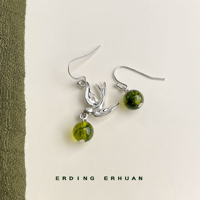 Silver Tone Bird Green Pink Stone Asymmetric Hook Earrings