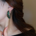 Dark Silver Tone Hoop Earrings with Green Crystal Rows view 3