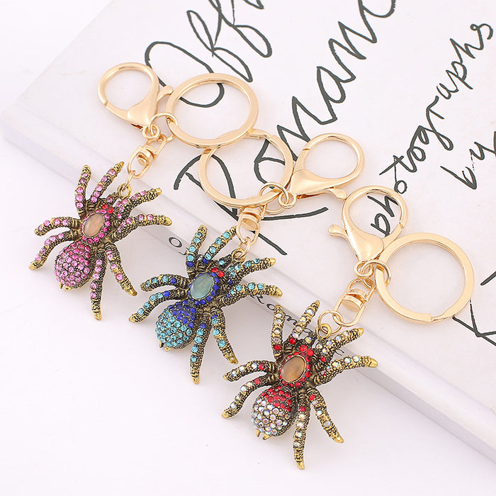 Rhinestone Spider Keychain Antique Gold Metal Insect Charm