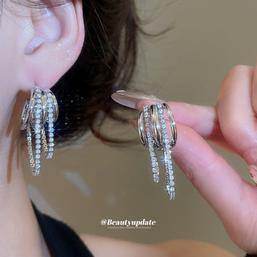 Silver Tone Crystal Chain Tassel Statement Stud Earrings