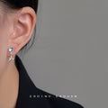 Silver Tone Aqua Round Stone And Mermaid Tail Stud Earrings view 2