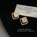 Gold Tone Scalloped Square Geometric Milky Stone Stud Earrings view 2