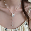 Silver Tone Delicate Star Flower and Pearl Y Drop Necklace view 3