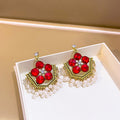 Gold Tone Fan Drop Earrings Red Green Gems Pearl Fringe view 1