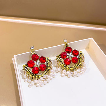 Gold Tone Fan Drop Earrings Red Green Gems Pearl Fringe