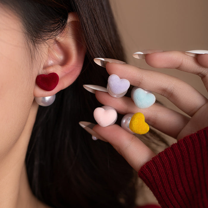 Four Color Velvet Heart Pearl Look Front Back Earrings