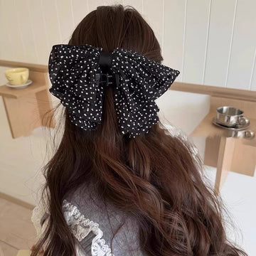 Black White Polka Dot Sheer Oversized Bow Hair Claw Clip