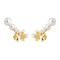 Gold Pearl Bow Ear Climber Earrings Zircon Accents view 5