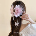 Layered Pink Mesh Flower Hair Claw With Butterflies And Crystal Chain Fringe view 1