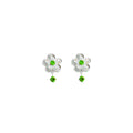 Silver Tone Flower Stud Earrings Pink Green Crystal Drops view 5