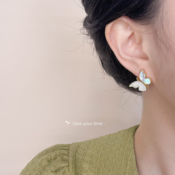 Gold-Tone Shell and Pave Stone Butterfly Stud Earrings